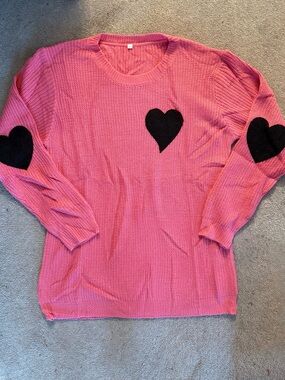 Pink Knit Sweater with Black Heart Patches